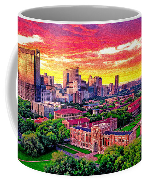 Rice University Coffee Mug featuring the digital art Rice University campus with the Texas Medical Center seen in the distance at sunset, in Houston by Nicko Prints