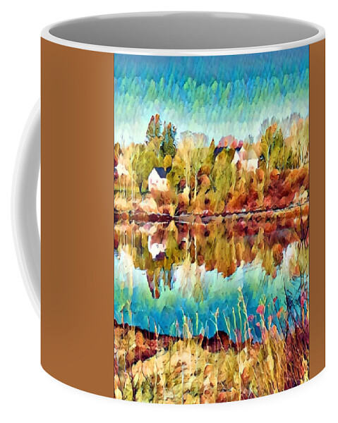 Landscape Coffee Mug featuring the mixed media River Reflections in Autumn by Lisa Pearlman