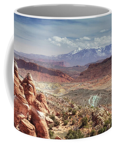 Arches Coffee Mug featuring the photograph Road Trip -La Sal range from Fiery Furnace overlook at Arches National Park in Utah near Moab by Peter Herman