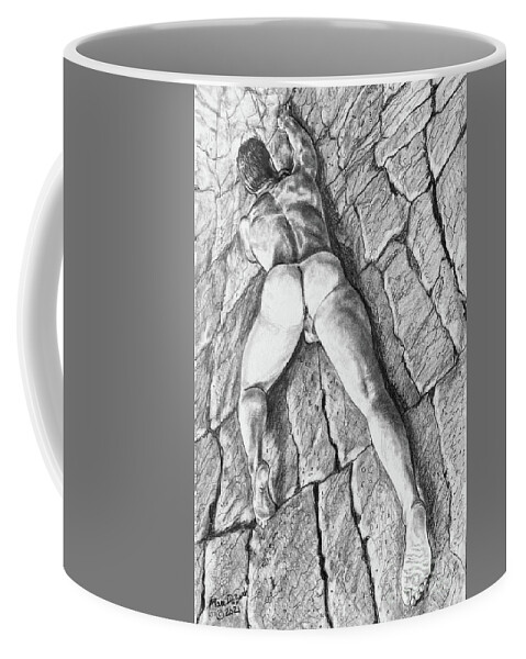 Male Nude Coffee Mug featuring the drawing Rock Climbing Randy by Marc DeBauch