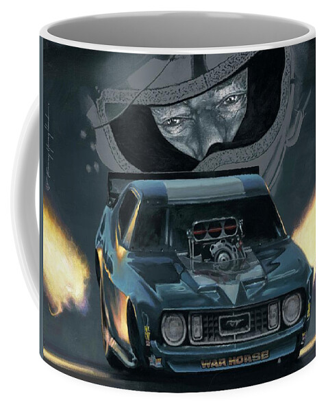 Roger Garten At The Wheel Of The War Horse Nhra Drag Racing Funny Cars Roger Garten Kenny Youngblood Coffee Mug featuring the painting Roger by Kenny Youngblood