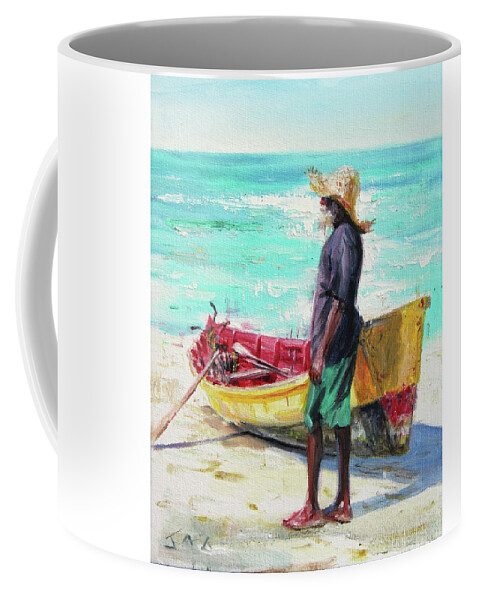 Fisherman Coffee Mug featuring the painting Romulus and Powerplay by Jonathan Guy-Gladding JAG