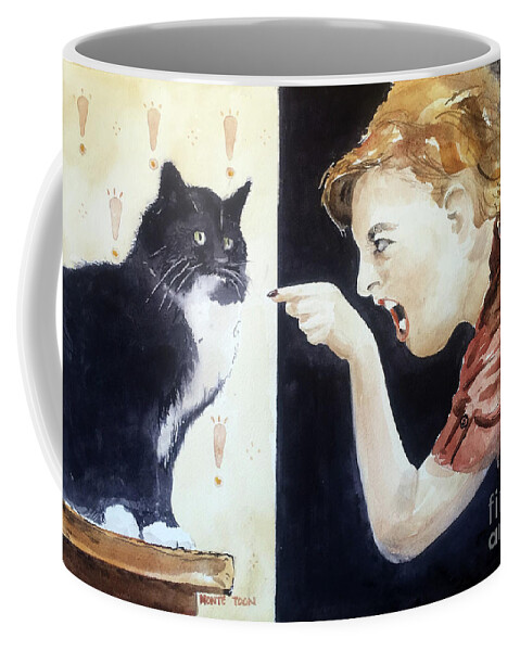 A Lady Has A Few Strong Words For Her Cat. Coffee Mug featuring the painting Room To Cuss A Cat by Monte Toon