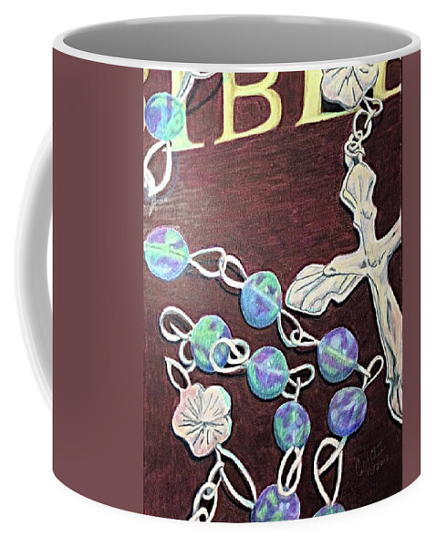 Rosary Coffee Mug featuring the drawing Rosary on Bible by Colette Lee