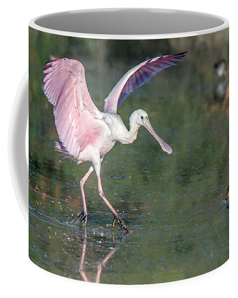 Roseate Spoonbill Coffee Mug featuring the photograph Roseate Spoonbill and American White Pelican 3415-111920-2 by Tam Ryan