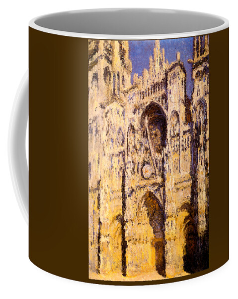 Claude Monet Coffee Mug featuring the painting Rouen Cathedral Portal and Tour d Albane Full Sunlight Harmony in Blue and Gold by Claude Monet