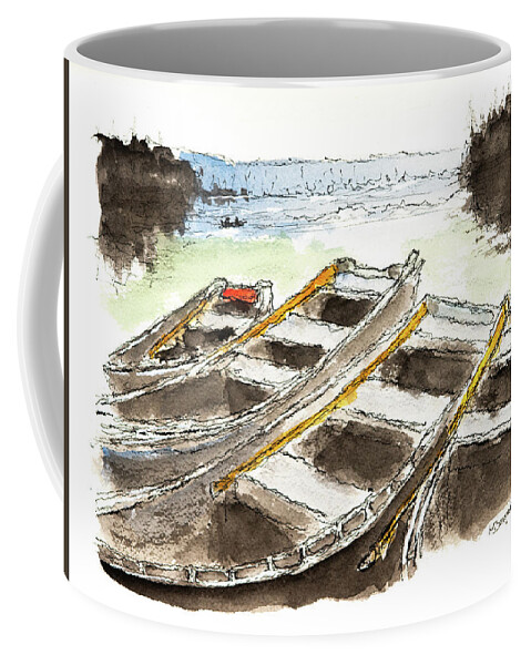 Rowboats Coffee Mug featuring the drawing Rowboats Clear Lake by Mike Bergen