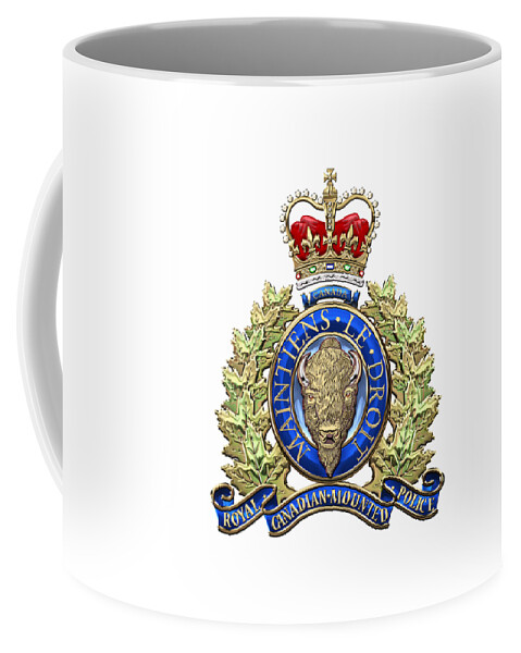 'insignia & Heraldry' Collection By Serge Averbukh Coffee Mug featuring the digital art Royal Canadian Mounted Police - R C M P Badge over White Leather by Serge Averbukh