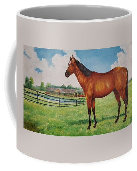 Kentucky Kentucky Derby Equestrian Horse Horseracing Derby Thoroughbred Racing Art Artwork Artist Oil Painting  Coffee Mug featuring the painting Run for the Roses by ML McCormick