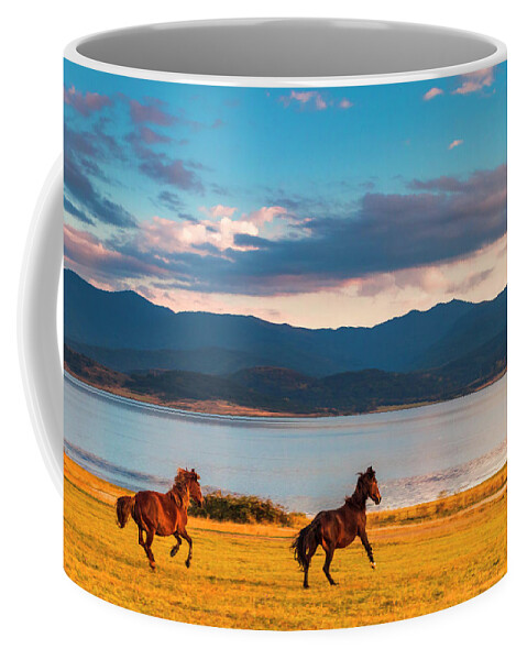 Animal Coffee Mug featuring the photograph Running Horses by Evgeni Dinev