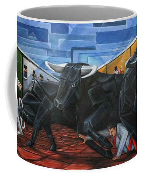 Running Of The Bulls Coffee Mug featuring the painting Running of the Bulls by Ruben Archuleta - Art Gallery