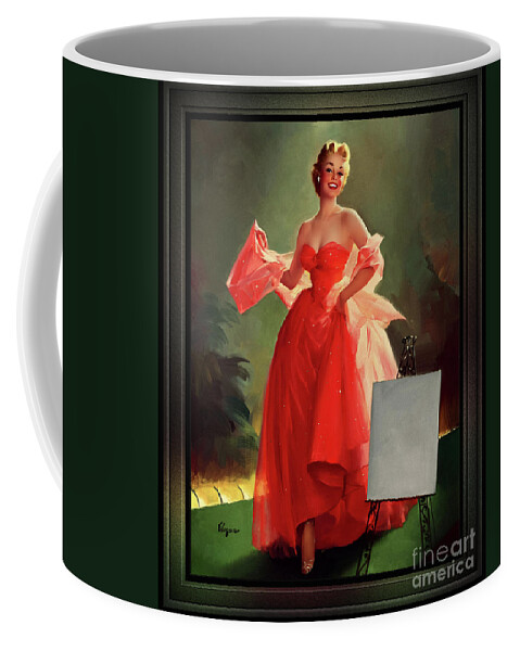 Runway Model Coffee Mug featuring the painting Runway Model In A Pink Dress by Gil Elvgren Pin-up Girl Wall Decor Artwork by Rolando Burbon