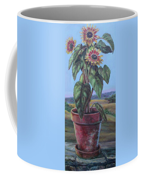 Orange And Yellow Sunflowers . Rustic Country Scene Coffee Mug featuring the painting Rustic Sunflowers by Veronica Cassell vaz