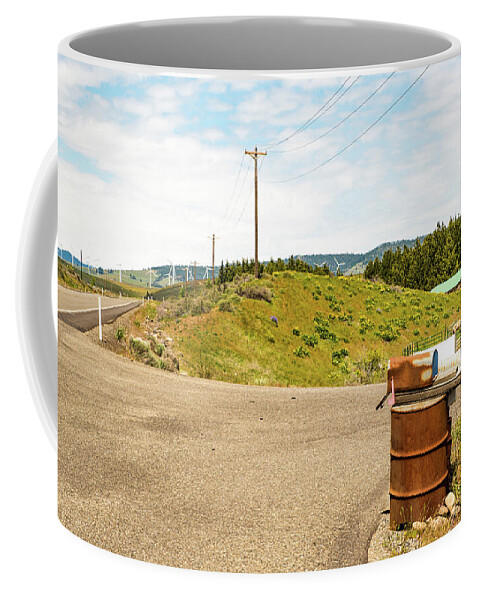 Rusty Mail Box And Wind Turbines Coffee Mug featuring the photograph Rusty Mail Box and Wind Turbines by Tom Cochran