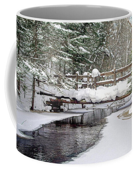 Winter;snow; Footbridge;pictured Rocks National Lakeshore;ice;forest;creek;sable Creek;snowshoeing; Coffee Mug featuring the photograph Sable Creek Footbridge by Gary McCormick