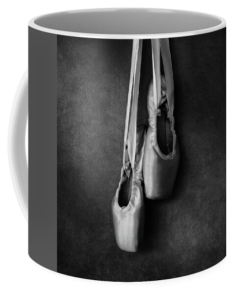 Dance Coffee Mug featuring the photograph Sacred pointe shoes bw by Laura Fasulo