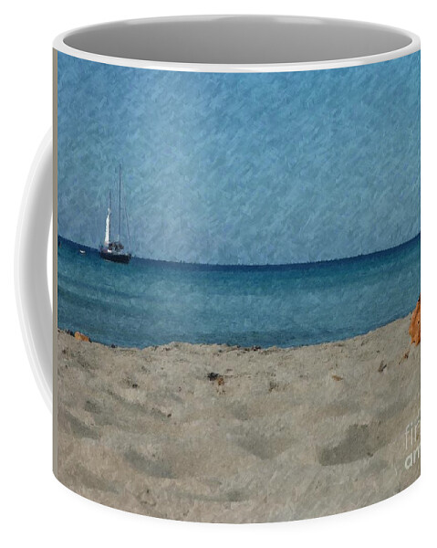 Beach Coffee Mug featuring the digital art Sailboat Beach Impressionism by Dee Flouton