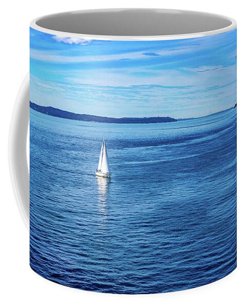Sailboat Coffee Mug featuring the digital art Sailboat in Puget Sound by SnapHappy Photos