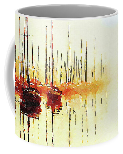 Abstract Coffee Mug featuring the mixed media Sailboat Marina Abstract by Shelli Fitzpatrick