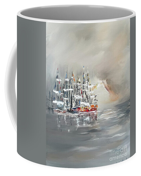 Sailing Boats At Harbor Miroslaw Chelchowski Acrylic Painting Print Ocean Dark Rest Boats Cloudy Seascape Water Gray Coffee Mug featuring the painting Sailing boats at harbor by Miroslaw Chelchowski