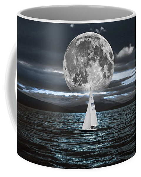 Blue Tree Coffee Mug featuring the mixed media Sailing Under The Moon by Marvin Blaine