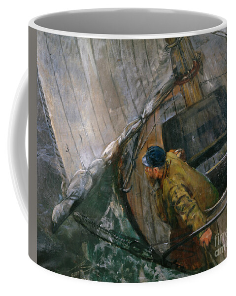 Christian Krohg Coffee Mug featuring the painting Sailing with reef sails by O Vaering by Christian Krohg