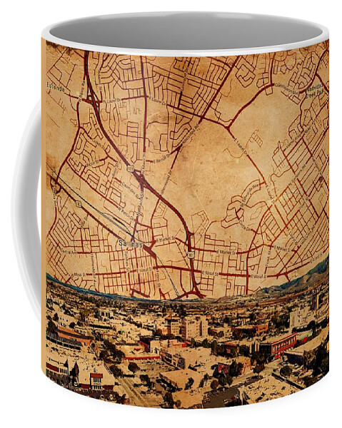 Salinas Coffee Mug featuring the digital art Salinas, California - panorama and map of the central part by Nicko Prints