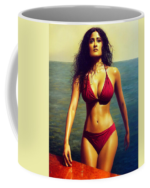Figurative Coffee Mug featuring the digital art Salma Hayek Red Bikini by Craig Boehman