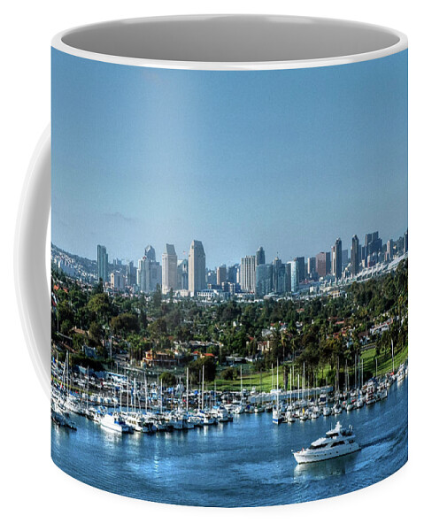 Blue Sky Coffee Mug featuring the photograph San Diego Harbor with Cityscape - California by Bruce Friedman