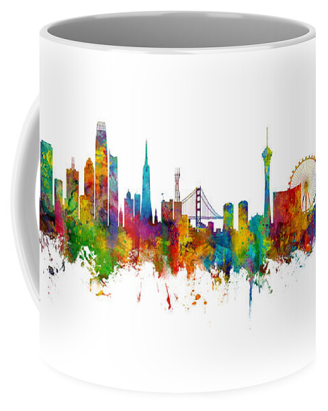 Las Vegas Coffee Mug featuring the digital art San Francisco and Las Vegas Skyline Mashup by Michael Tompsett