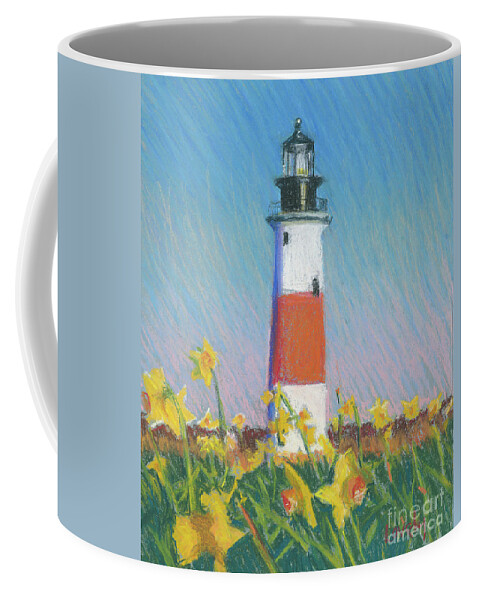 Sankaty Daffodil Lighthouse Coffee Mug featuring the painting Sankaty Daffodil Lighthouse by Candace Lovely