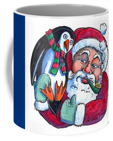 Santa Coffee Mug featuring the drawing Santa and Penguin by Eric Haines