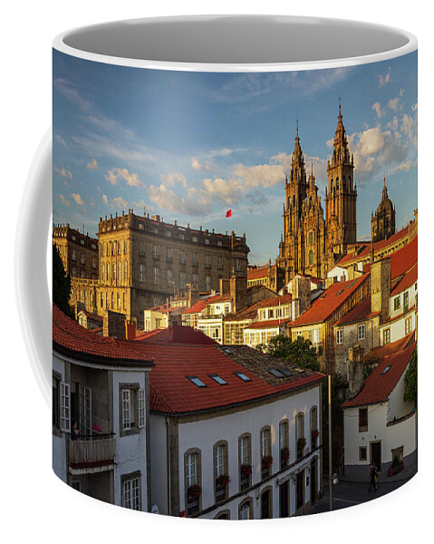 Way Coffee Mug featuring the photograph Santiago de Compostela Cathedral Spectacular View with Sun Light Hitting the facade and Tiled Roofs La Corua Galicia by Pablo Avanzini