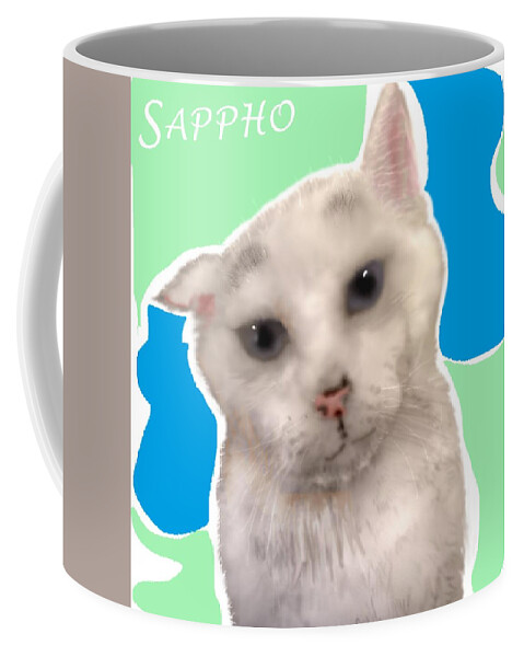 White Cat Sappho Coffee Mug featuring the mixed media Sappho the super cat by Pamela Calhoun