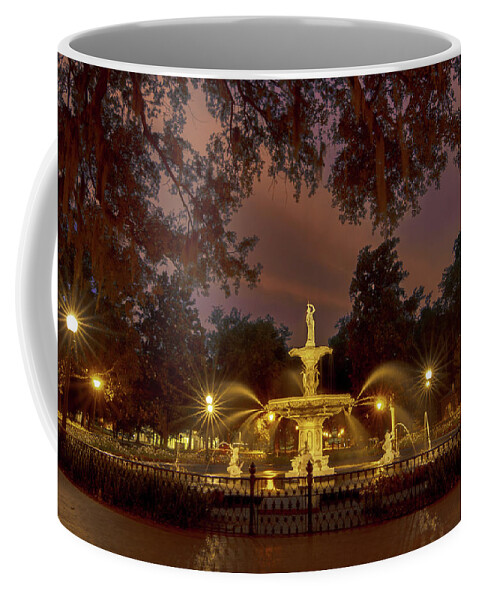 Savannah Forsyth Park Coffee Mug featuring the photograph Savannah Forsyth Park Fountain Sunset by Norma Brandsberg