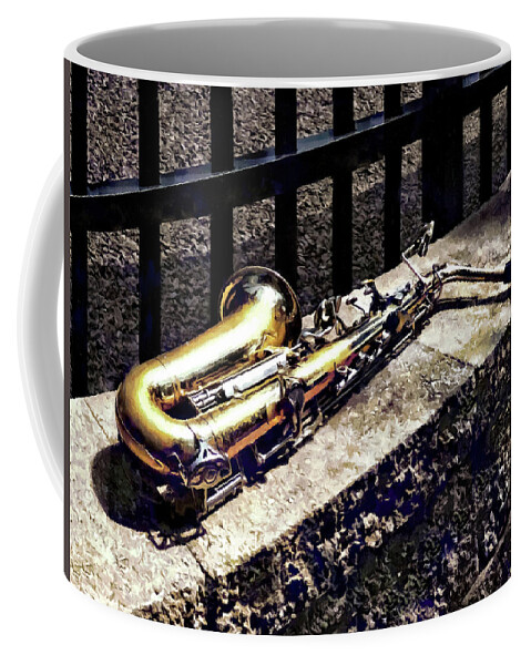 Saxophone Coffee Mug featuring the photograph Saxophone on Wall by Susan Savad