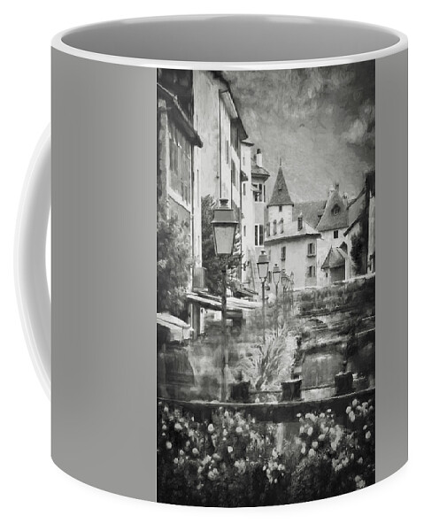 Annecy Coffee Mug featuring the photograph Scenes of Old Annecy France Painterly Black and White by Carol Japp