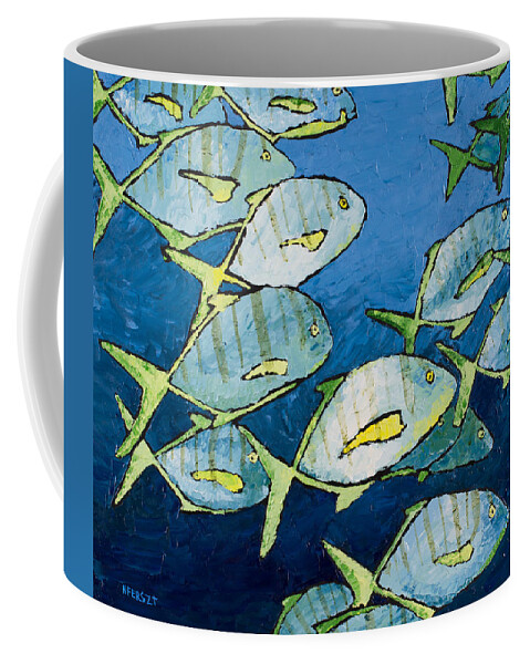 Fish Coffee Mug featuring the painting School by Nick Ferszt