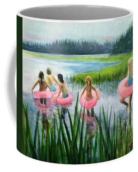 Pink Floaties Coffee Mug featuring the painting Scoby Pond Birthday by Cyndie Katz
