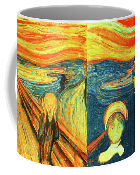 The Scream Coffee Mug featuring the digital art Scream and Anxiety by Edvard Munch - collage by Nicko Prints