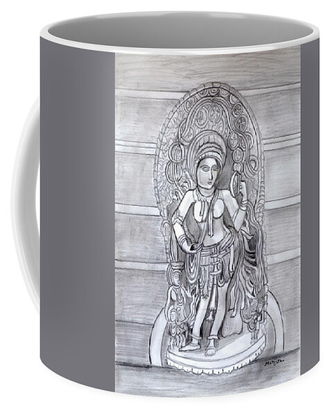 Sculpture Coffee Mug featuring the drawing Sculpture pencil drawing of Madanika Chennakesava temple Karnataka by Manjiri Kanvinde