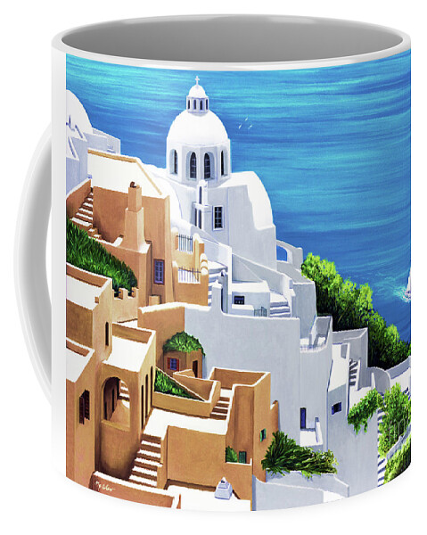 Santorini Coffee Mug featuring the painting SEA SERENE- prints of oil painting by Mary Grden