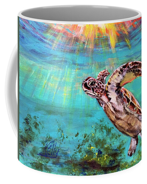 Sea Turtle Coffee Mug featuring the painting Sea Turtle Catching Some Rays by Kelly Smith