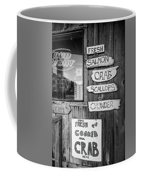 Black Coffee Mug featuring the photograph Seafood Signs at the Dock Black and White by Debra and Dave Vanderlaan
