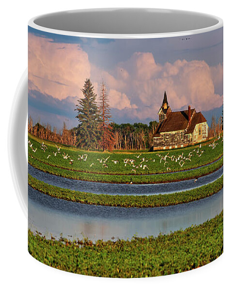 Church Coffee Mug featuring the photograph Seagull Paradise at Big Coulee Lutheran Church ND by Peter Herman