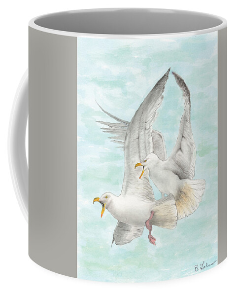 Seagulls Coffee Mug featuring the painting Seagulls Fighting by Bob Labno
