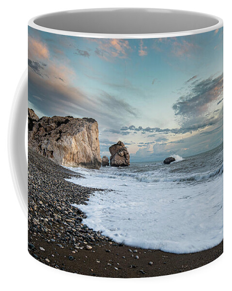Sea Waves Coffee Mug featuring the photograph Seascape with windy waves and moody sky during sunset by Michalakis Ppalis