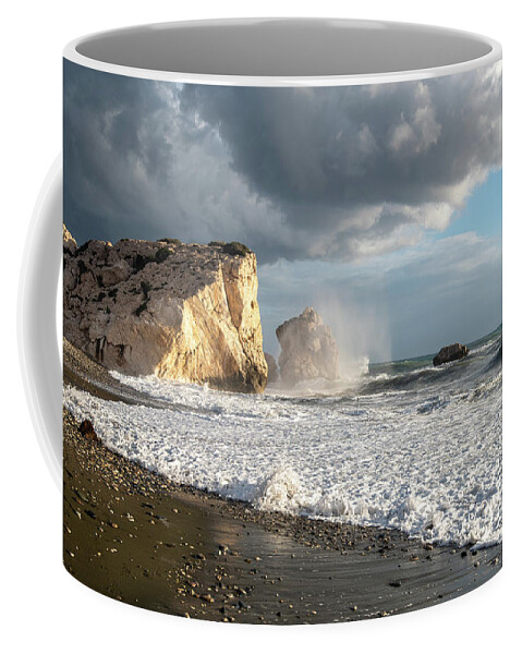 Seascape Coffee Mug featuring the photograph Seascape with windy waves splashing on the coast by Michalakis Ppalis