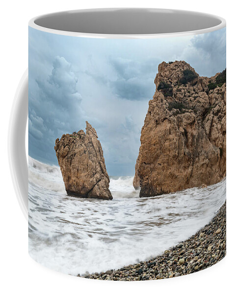 Coastline Coffee Mug featuring the photograph Seascapes with windy waves. Rock of Aphrodite Paphos Cyprus by Michalakis Ppalis