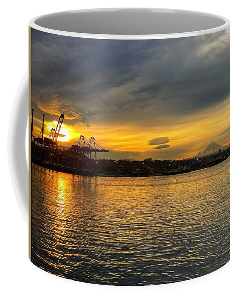 Sunrise Coffee Mug featuring the photograph Seattle Waterfront and Mt Rainier Sunrise by Jerry Abbott